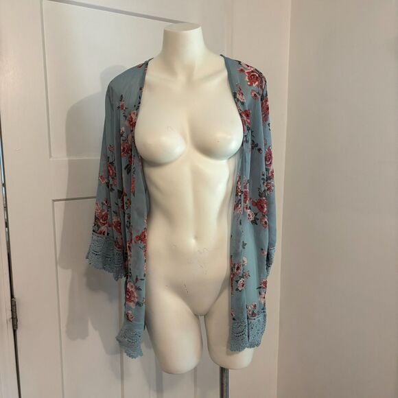 Y2K Rewind size XS Lightweight Boho Floral Rose Blue Ethereal Kimono Cardigan - Picture 2 of 4